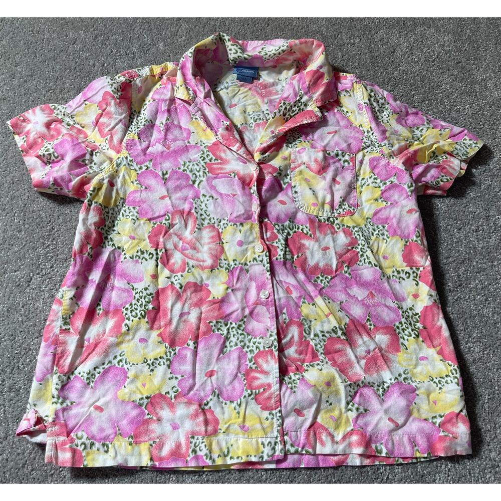 90s Y2K Hawaiian Shirt Leopard Print Womens Large Aloha Pocket Vintage Pink